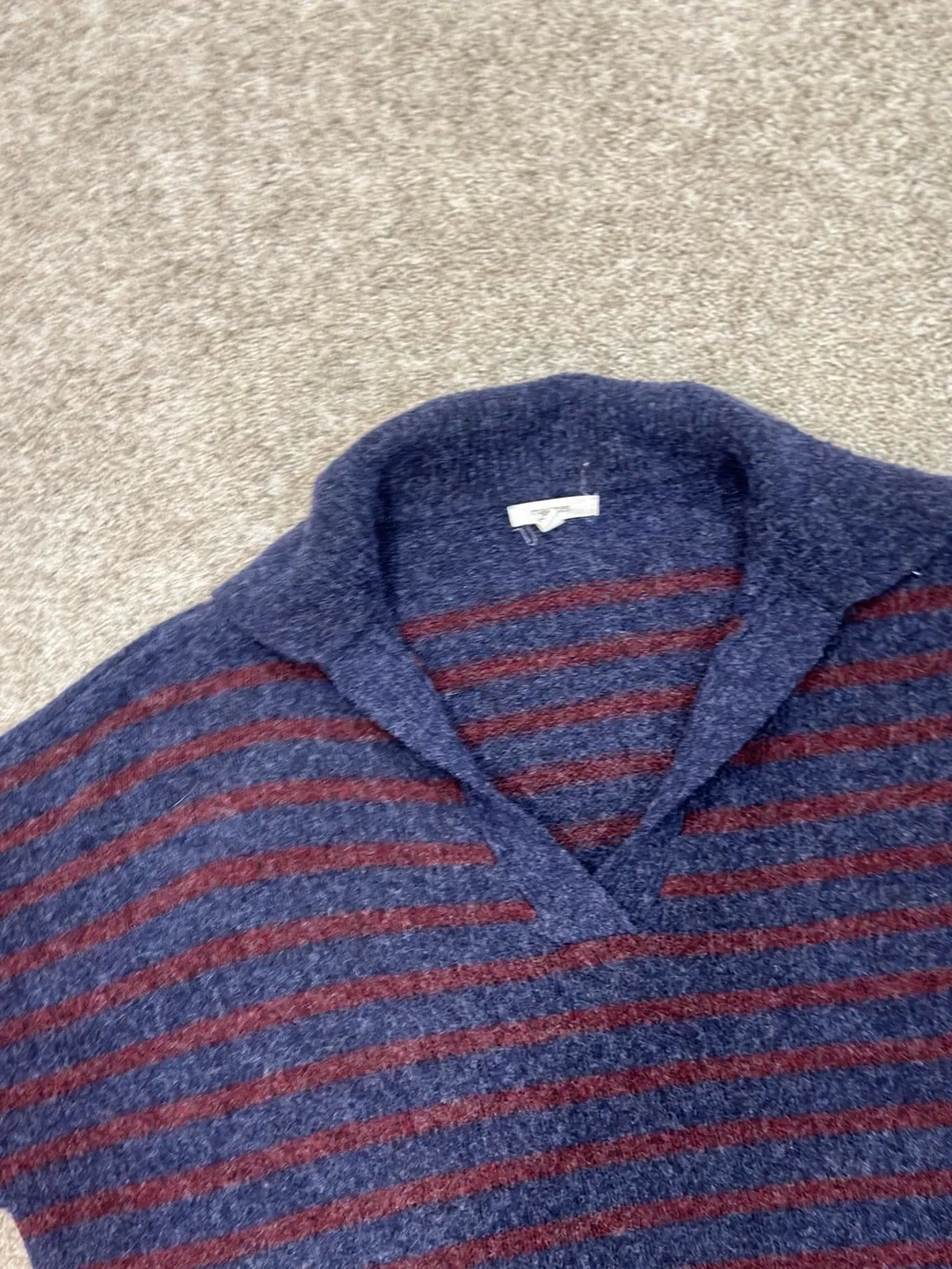 Maurices Cozier than Cashmere Navy and Maroon Striped V-Neck Collared Sweater